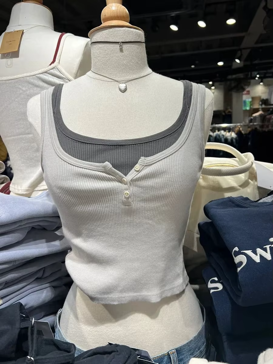 Débardeur côtelé slim femme été uni simple en coton à trois boutons sans manches décontracté vintage streetwear Y2K