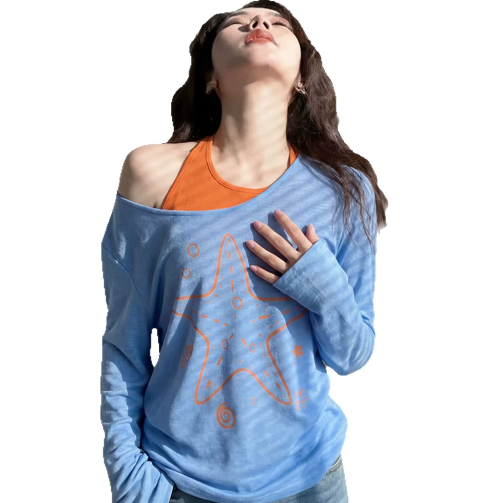 T-shirt bleu à épaules asymétriques et manches longues pour femme