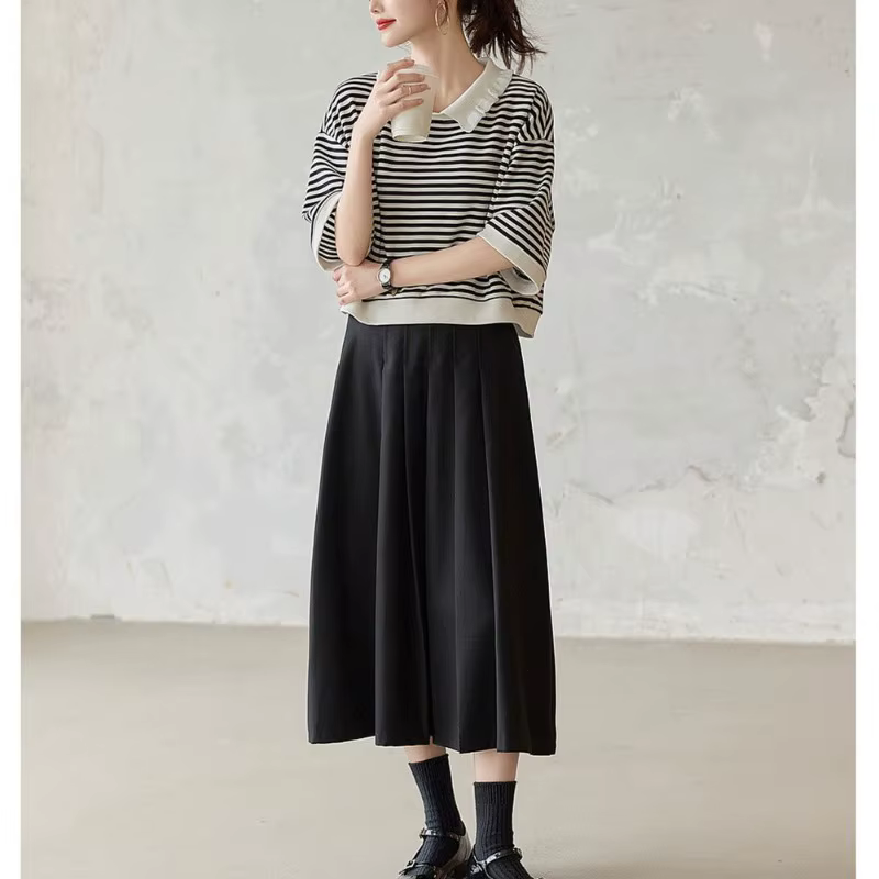 Polo rayé noir et blanc pour femme, manches 3/4, coupe ample, haut décontracté