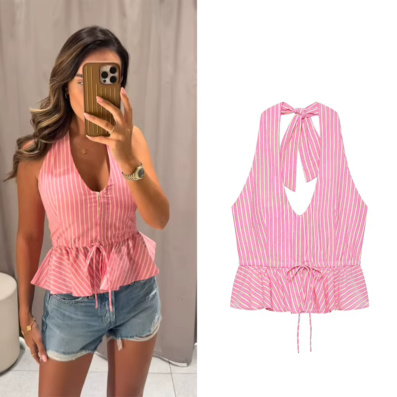 Haut pour femme 2026 Nouvelle Collection Été Col V Rayé Halter Chic et Élégant Style Vacances