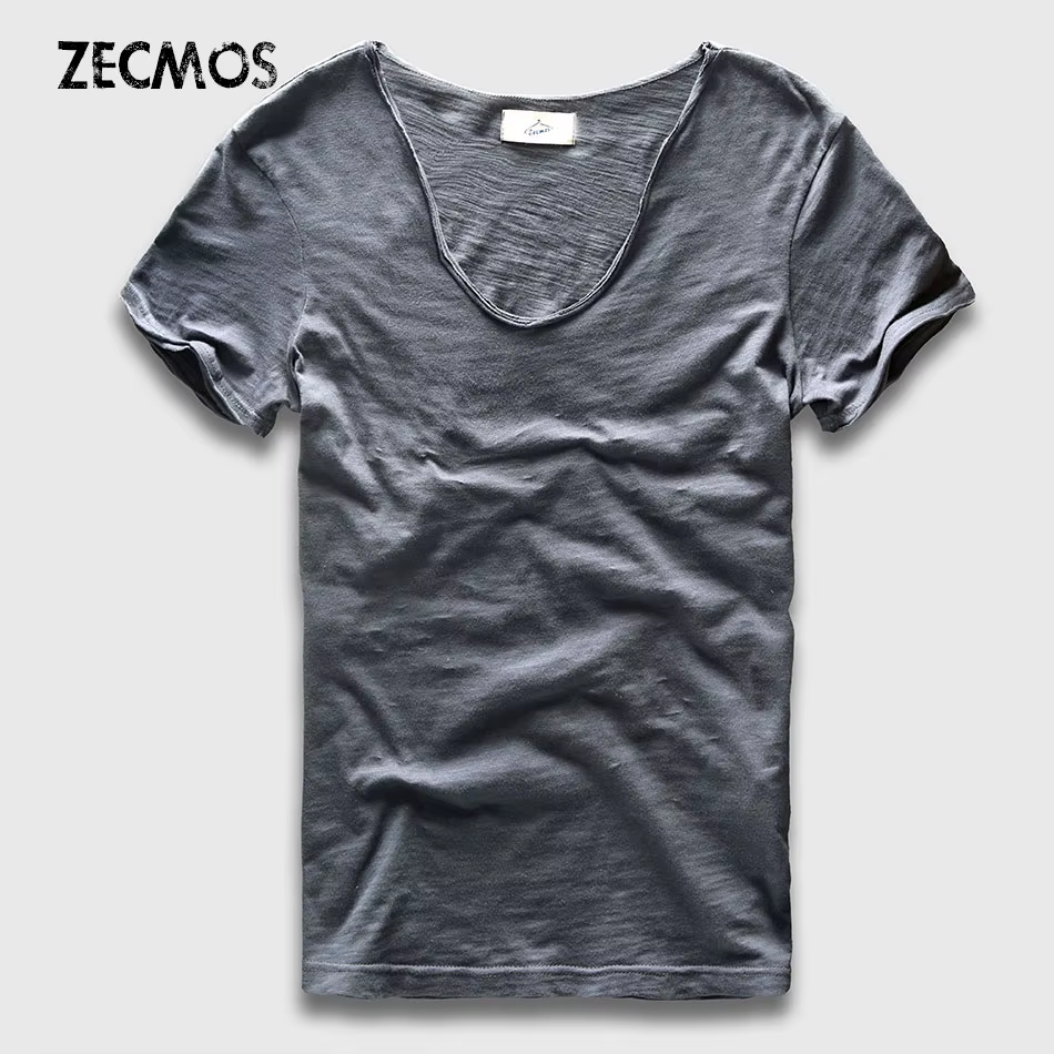 Hommes T-Shirt de base solide coton col en V coupe ajustée mâle mode t-shirts à manches courtes top