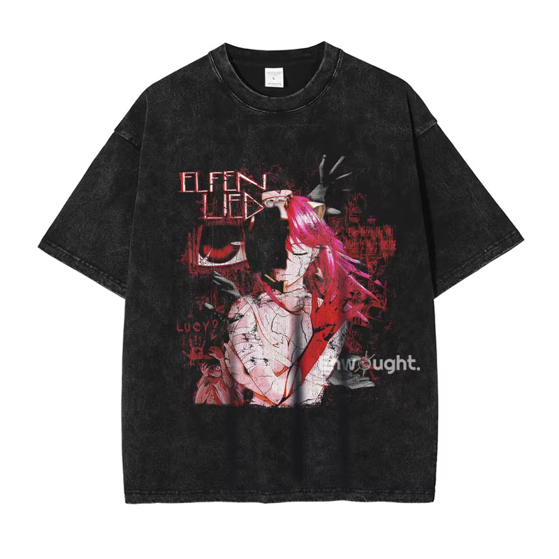 Anime Elfen Lied T-shirt Vintage lavé Y2K Manga motif haut t-shirts surdimensionné à manches courtes DTG impression