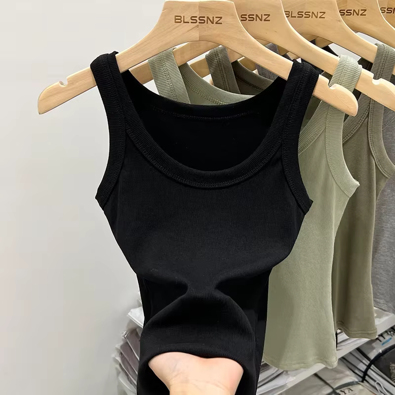 Femmes solide col rond côtelé débardeur Camisole