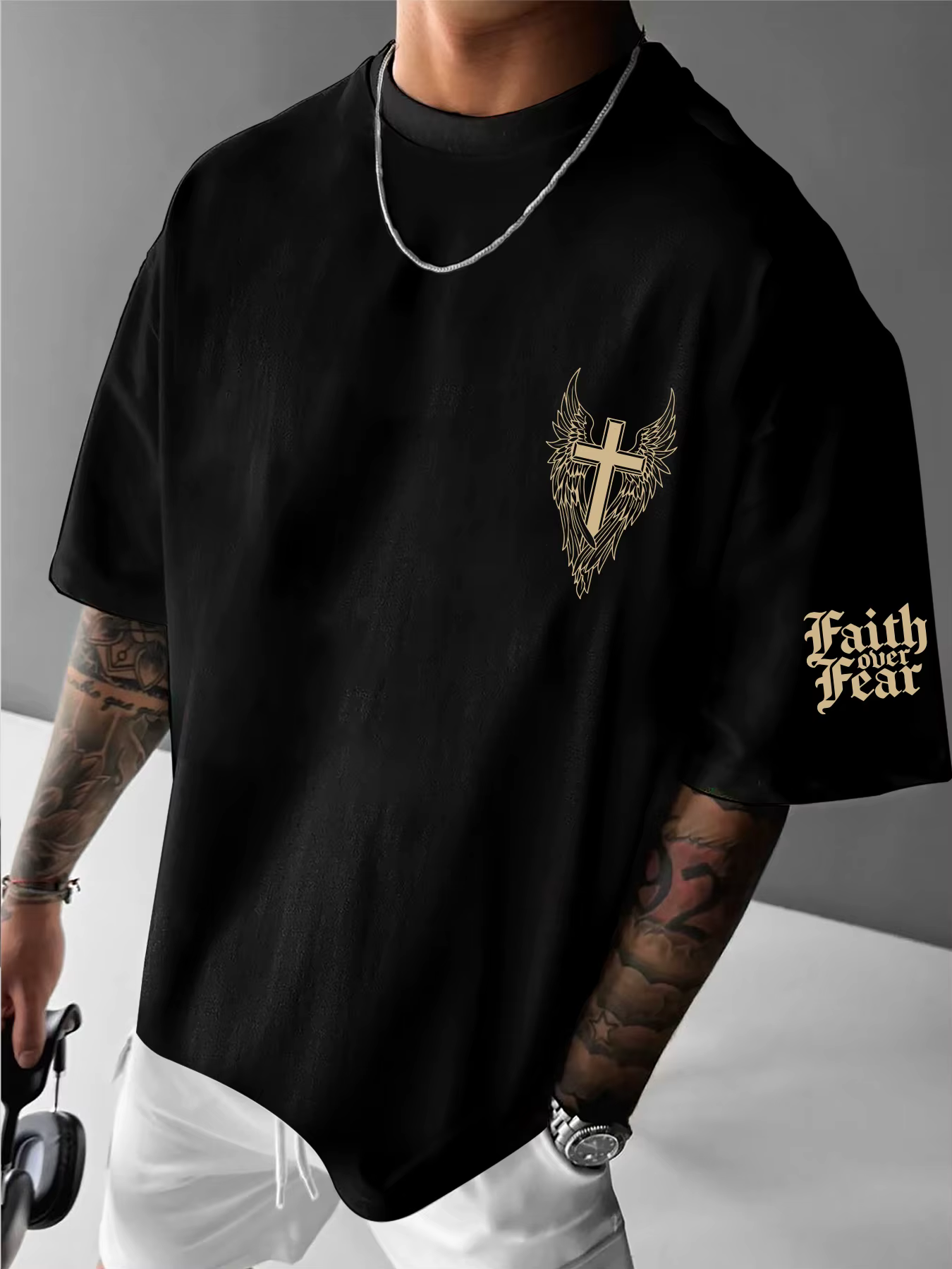 T-shirt pour homme en coton 100% avec imprimé tendance ailes de style croix d'ange américain, idéal pour les sports de plein air en été