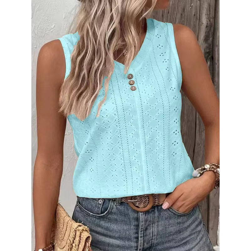 2025 nouveau débardeur pour femmes vêtements mode couleur unie col rond T-Shirt boutonné pour les femmes