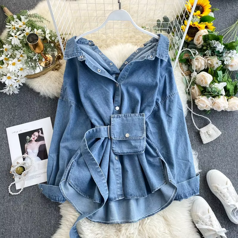 Chemises en denim à boutonnage simple pour femmes