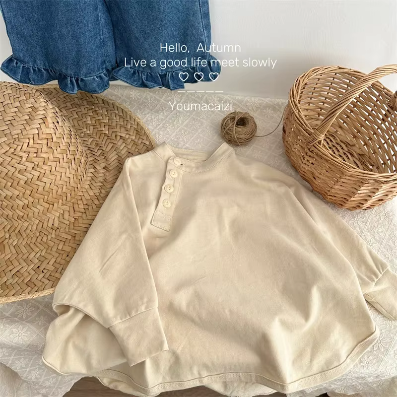 7360 enfants T-shirt automne nouveau coton brossé couleur unie garçon