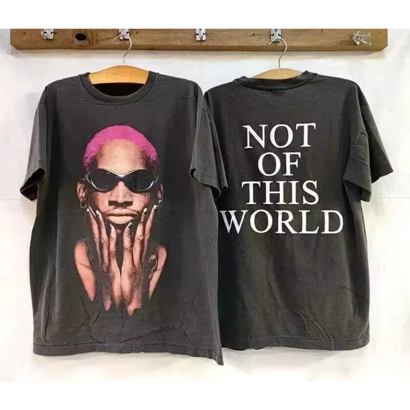 T-shirt unisexe à manches courtes noir imprimé Dennis Rodman rétro années 90 printemps/été avec motif de lettres en coton européen et américain