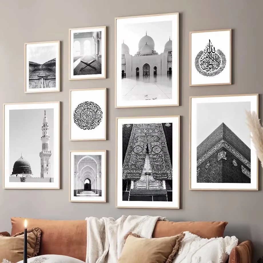 Tableau de paysage de mosquée islamique noir et blanc