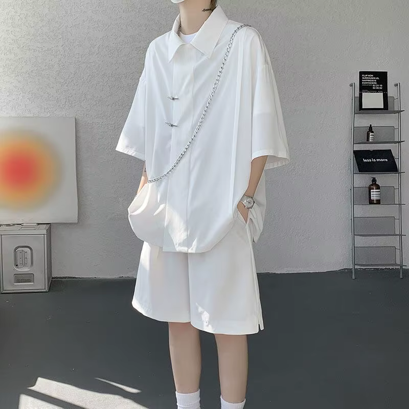 Ensemble chemise et short en soie froide pour homme – Été, fin, séchage rapide, respirant, col à revers, manches courtes