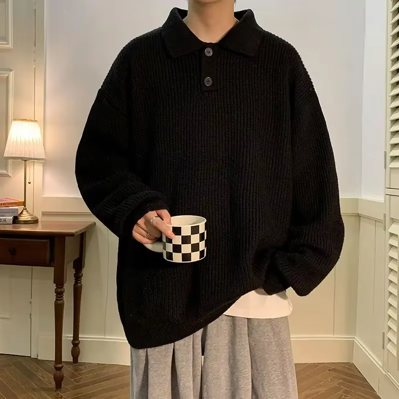 Japonais paresseux Style Polo col pull hommes rétro café surdimensionné tricoté
