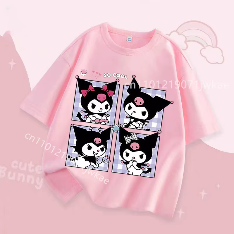 T-shirt fille Kuromi violet imprimé dessin animé, hauts pour enfants à manches courtes, vêtements d'été respirants et mignons pour bébés, cadeaux d'anniversaire