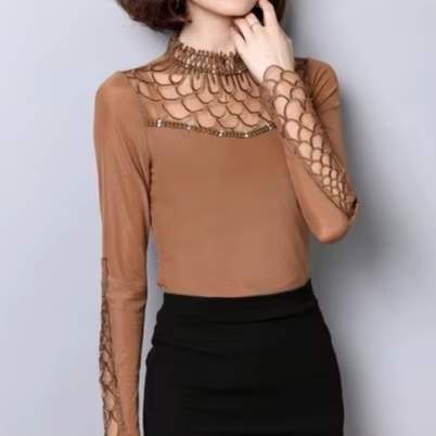 Chemise à manches longues pour femmes, chemisier tendance, chemisier à découpes en dentelle, haut élégant, patchwork fin