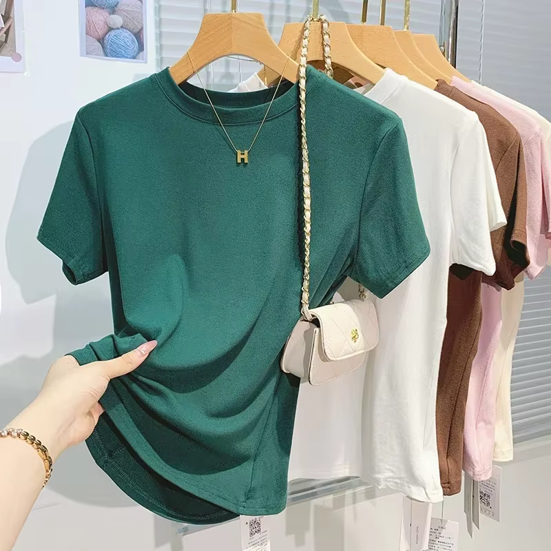 2026 nouveau femmes 100% coton T-shirt fond basique solide dame à manches courtes hauts chemises été