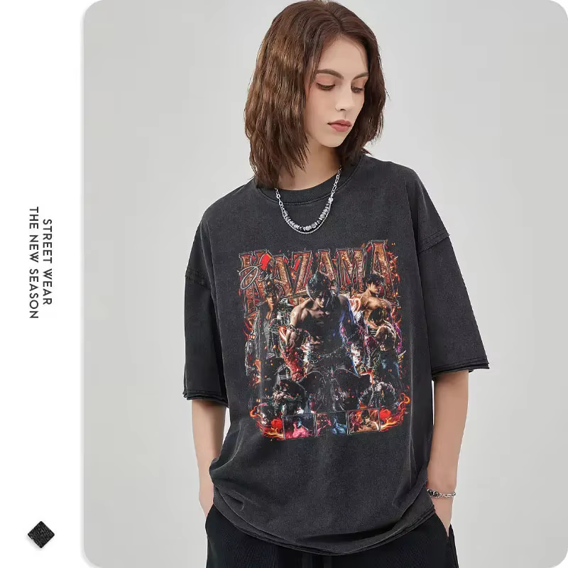 T-shirt manches courtes imprimé Jin Kazama Yoshimitsu PC Game, vintage, délavé, Hip Hop, Harajuku DTG