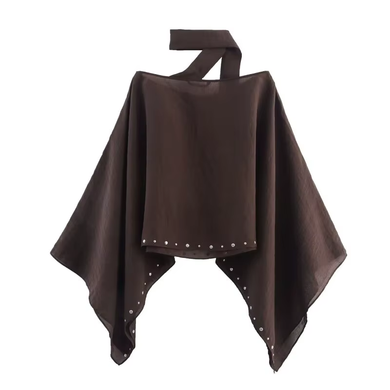 Haut décontracté ample à manches chauve-souris et épaules dénudées pour femme avec clous - Blouse tendance printemps-été pour les sorties quotidiennes et les voyages