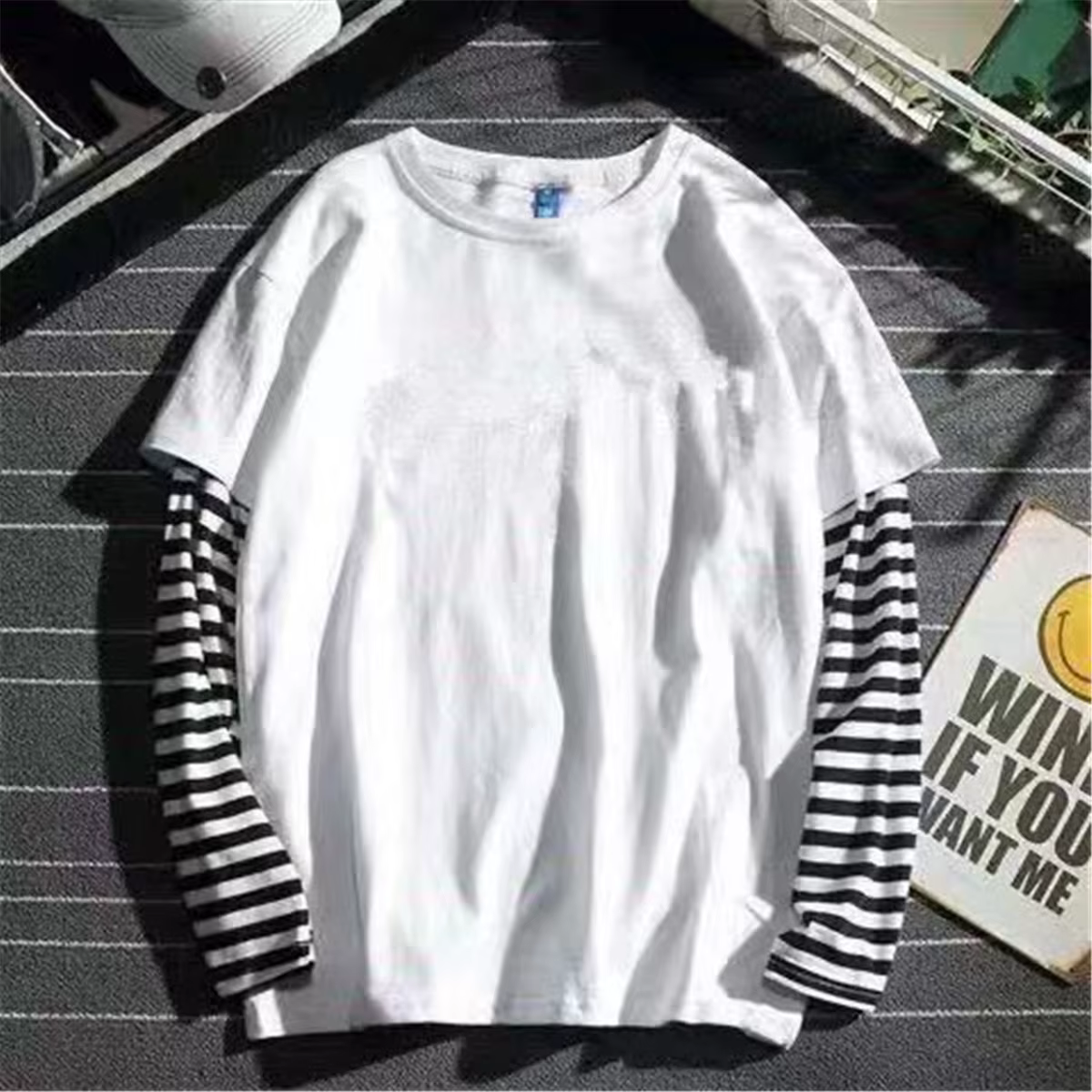 Cool rayé Patchwork T-Shirt hommes automne surdimensionné hauts garçons solide à manches longues