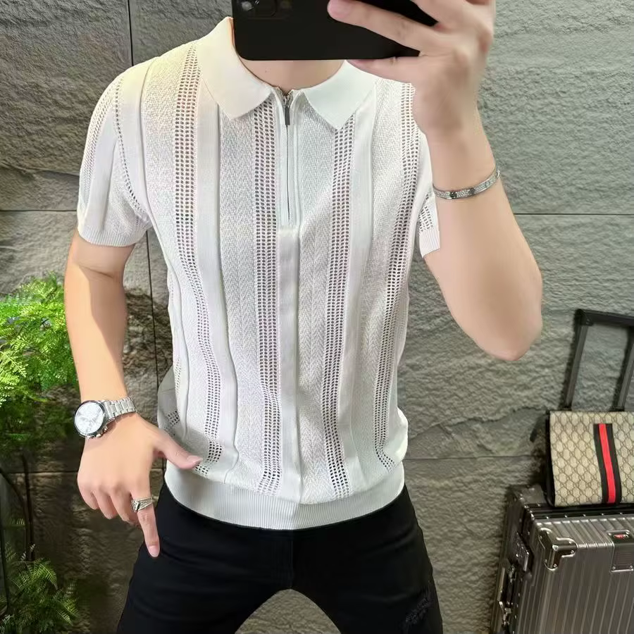 Polo tricoté à fermeture éclair pour hommes