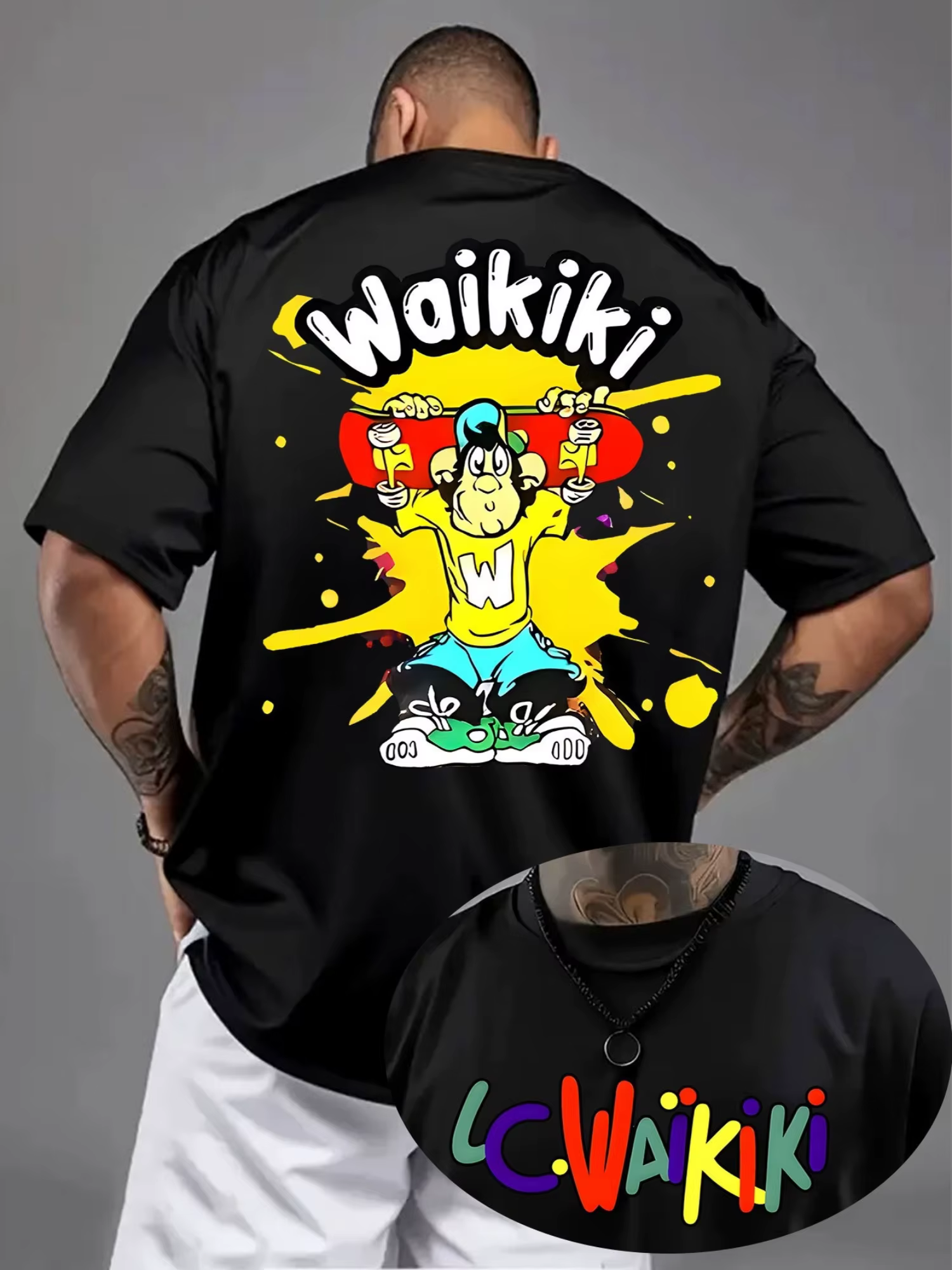 Waikiki T-shirt graphique pour hommes Bold Back Print Streetwear Tee Texture confortable