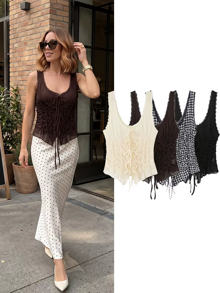 Débardeur Corset en Chiffon Plissé à Bretelles et Dentelle Style Français HH pour Femme