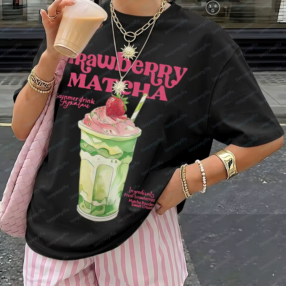 T-shirt imprimé thé Matcha fraise à manches courtes et col rond
